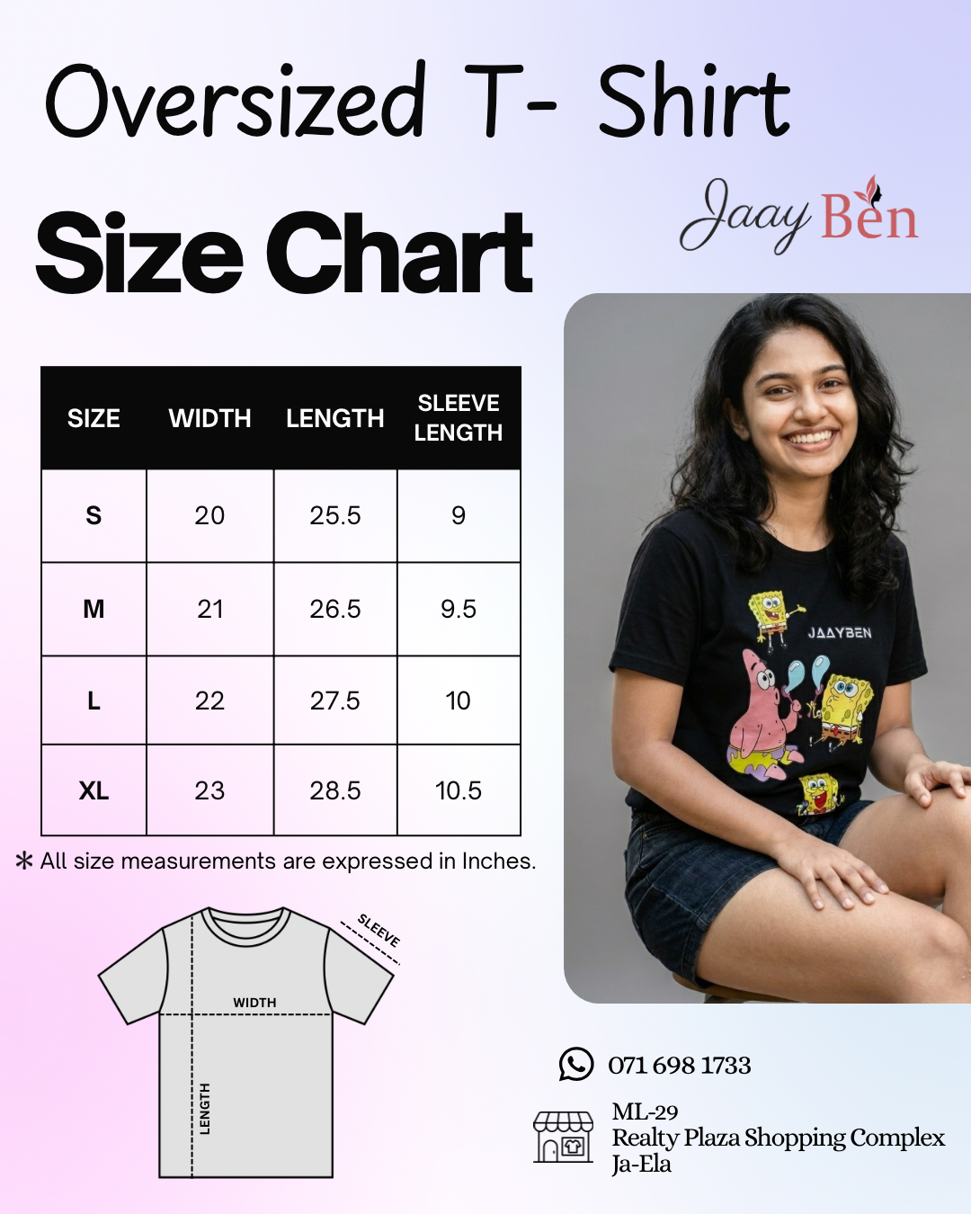 JaayBen T-Shirt Size Chart
